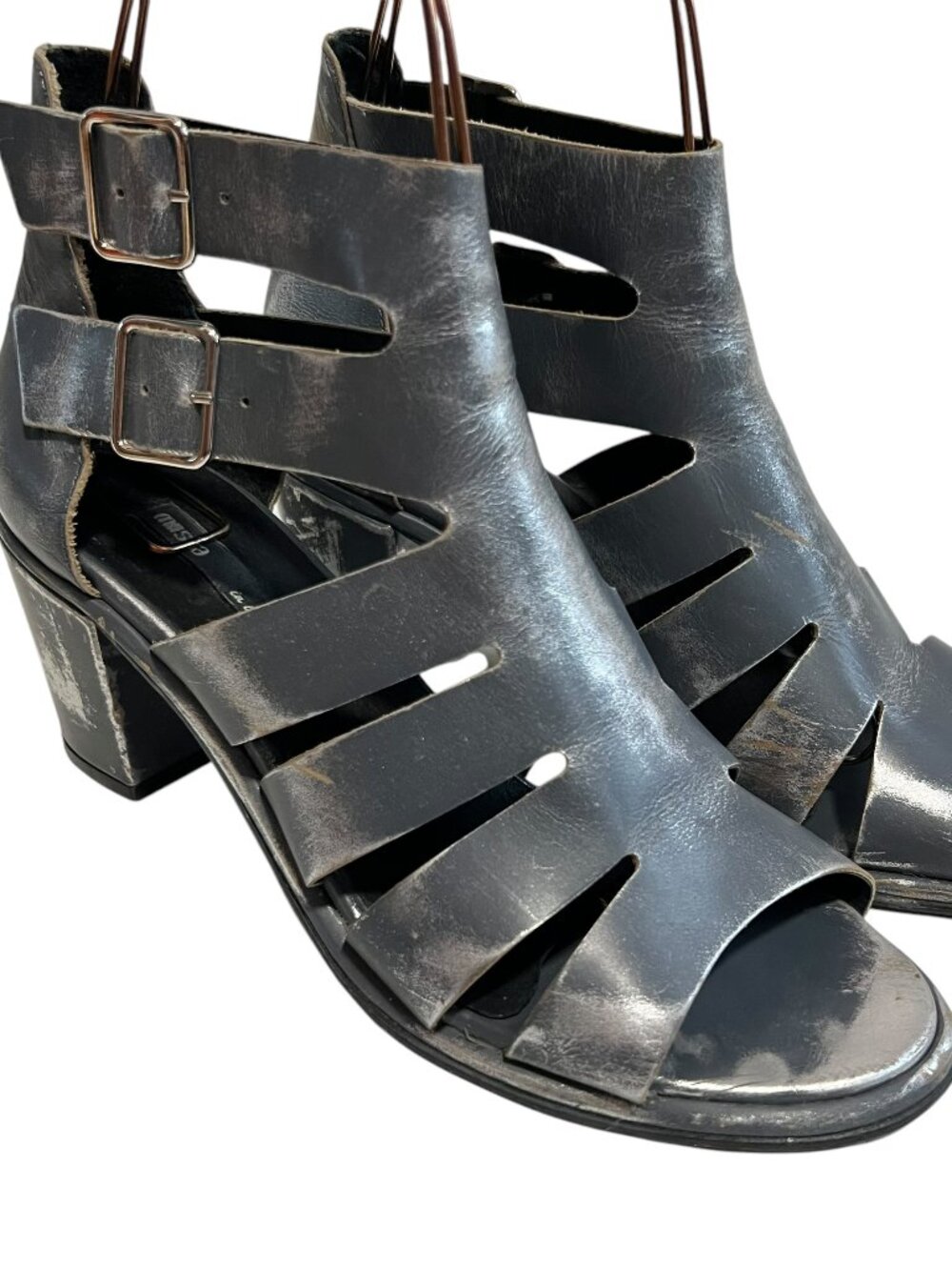 Miista high heel sandal booties distressed silver gray leather slotted 40 boots